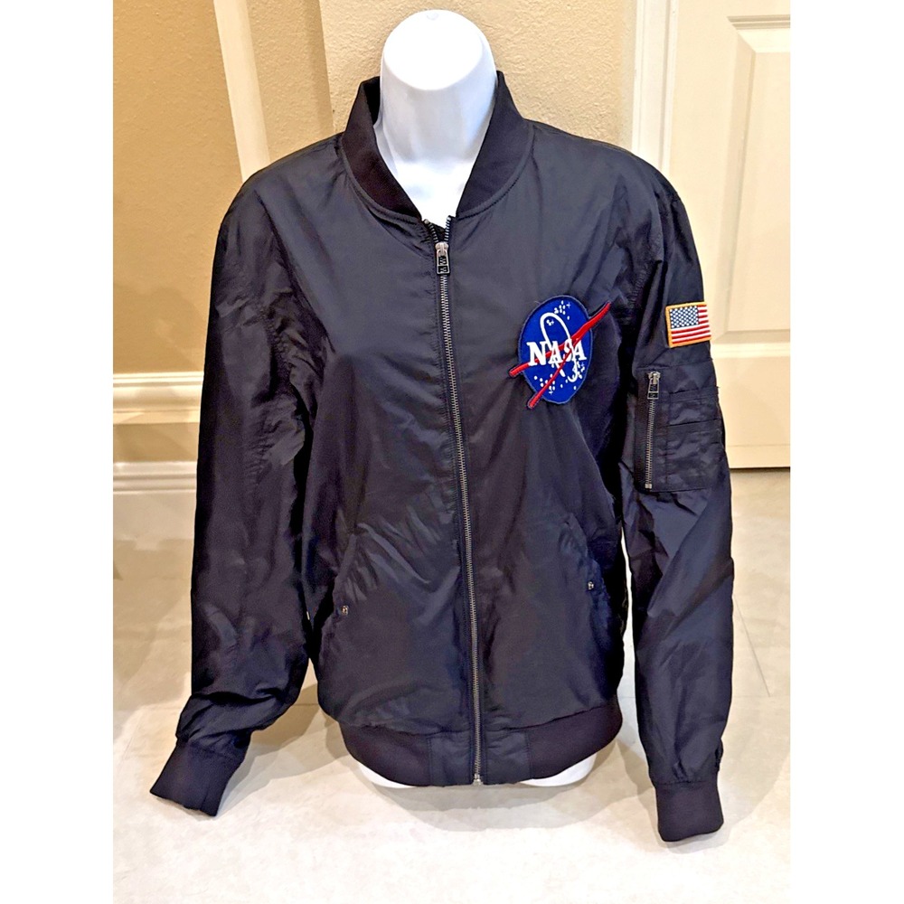 H&M X NASA Nylon Bomber Flight Jacket in Black with Patches Detail Size M Pocket